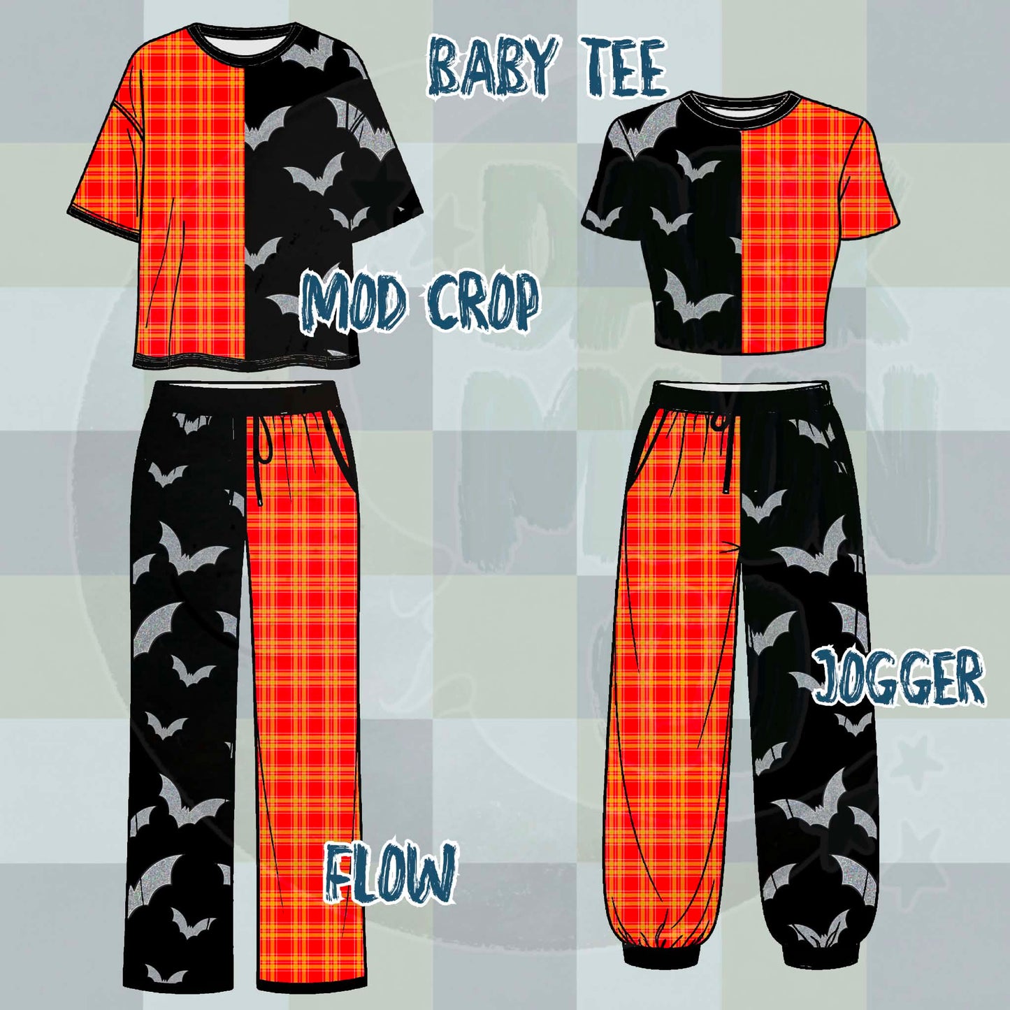 Orange Gingham & Silver Bats Split Set